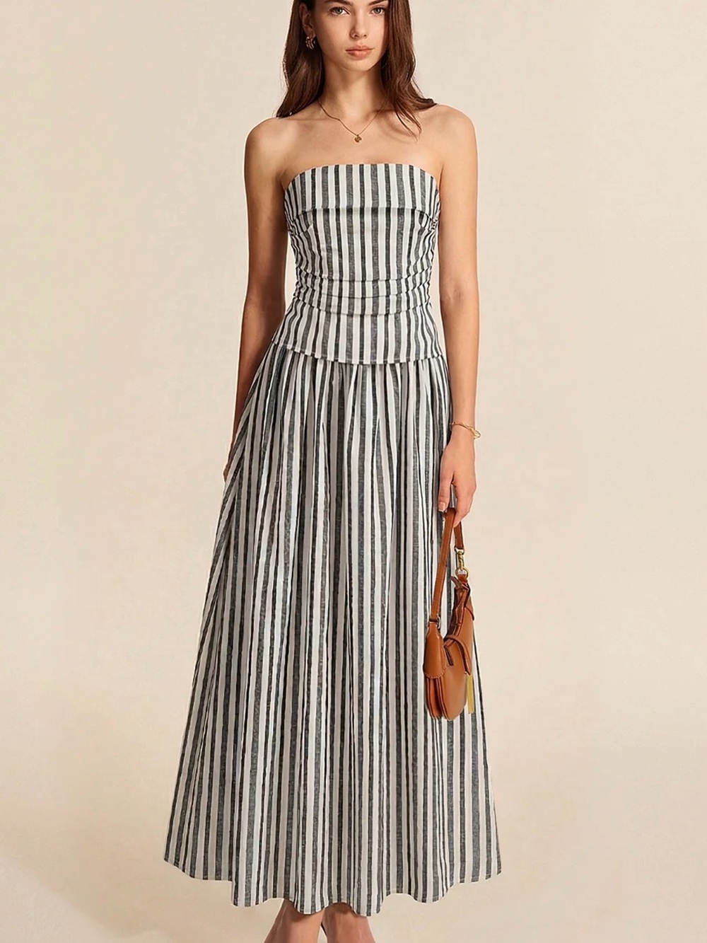 Commense Striped Strapless Cotton Linen Ruched Maxi Dress - XL